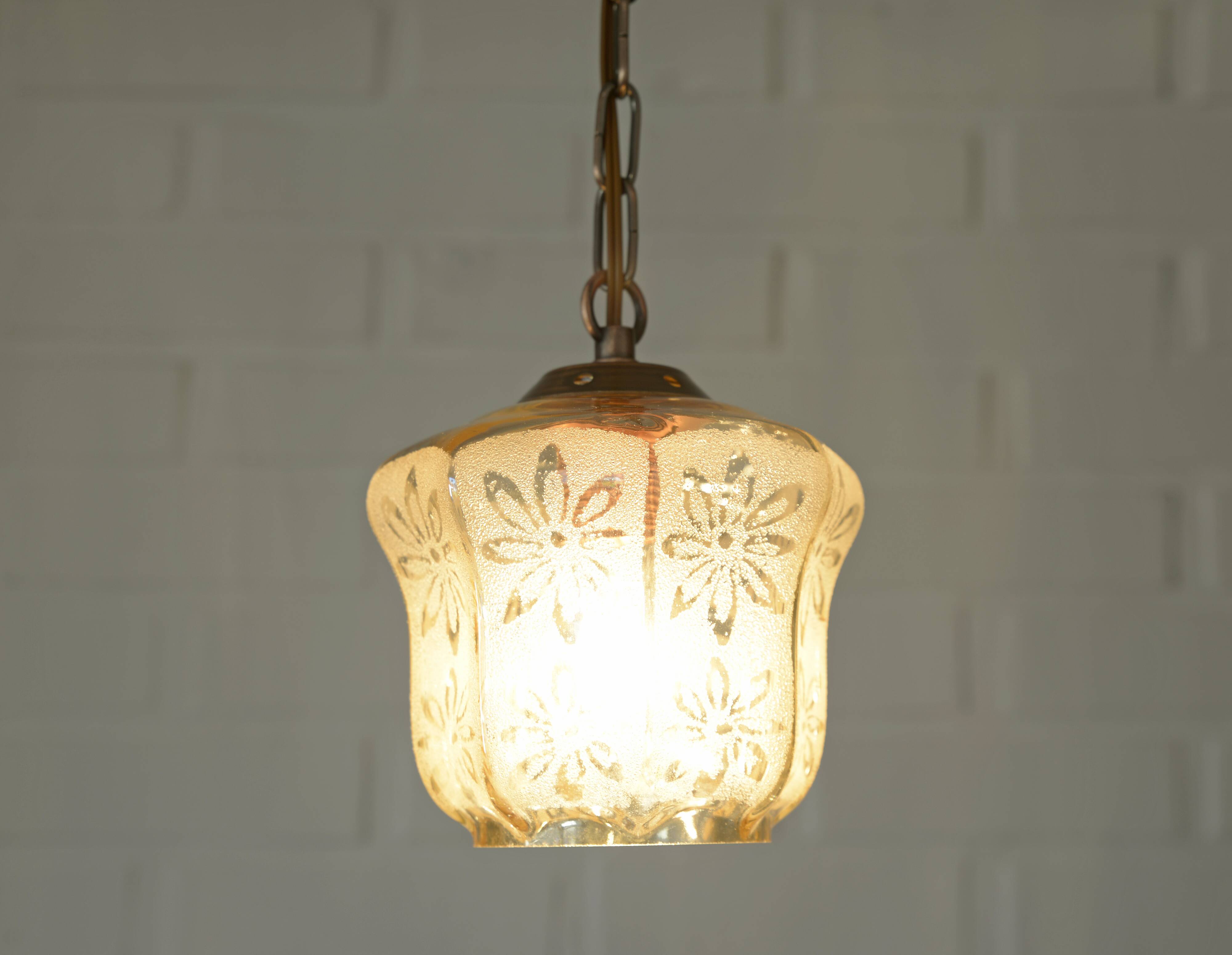 Vintage copper pendant light / amber glass and rustic chain hanging lamp