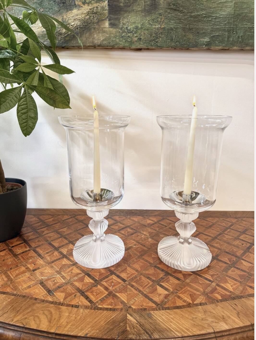 Pair of Lalique FRANCE crystal tealight holders – “Ouragan” model