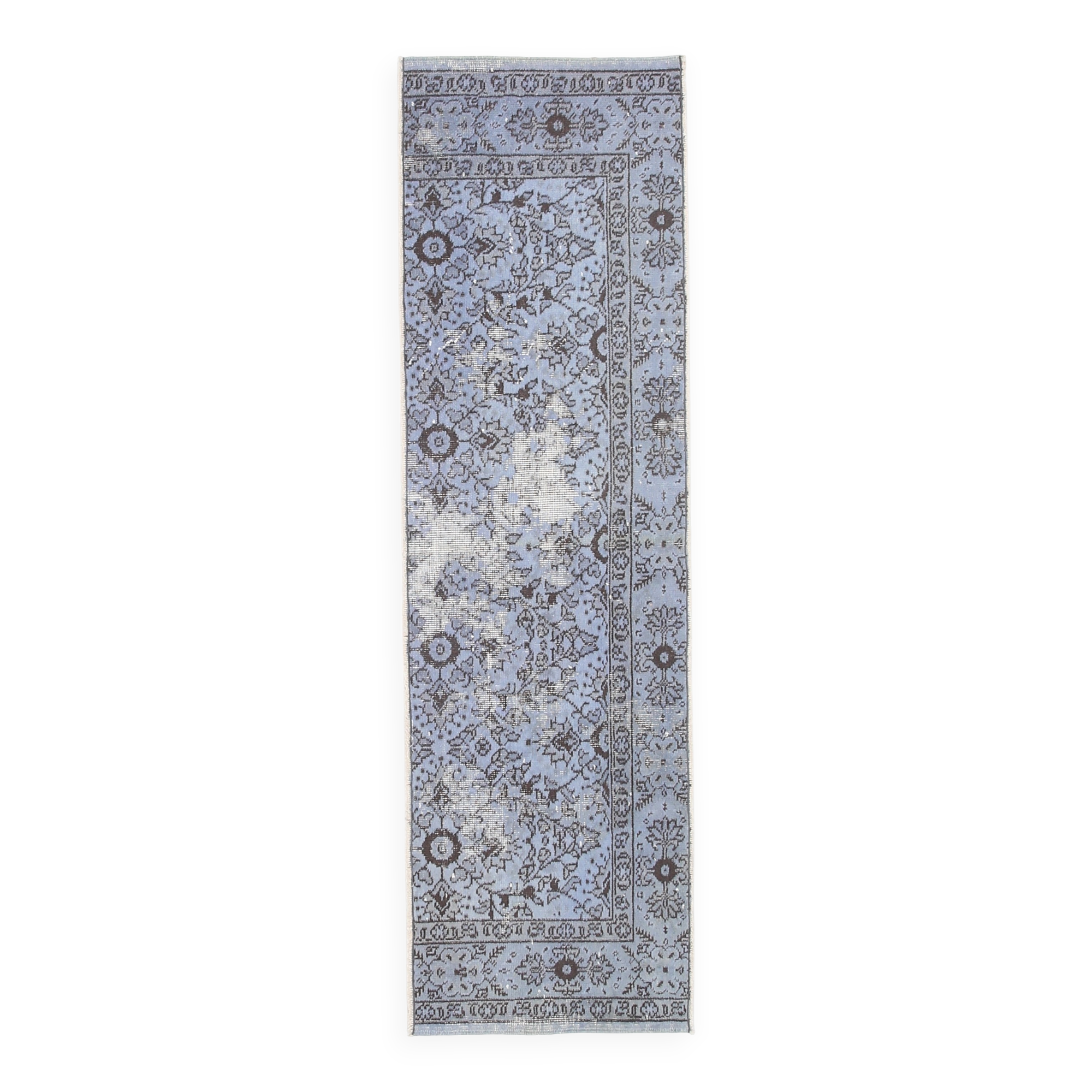 Turkish All-Over Floral Light Blue Vintage Runner Rug, 61x207Cm