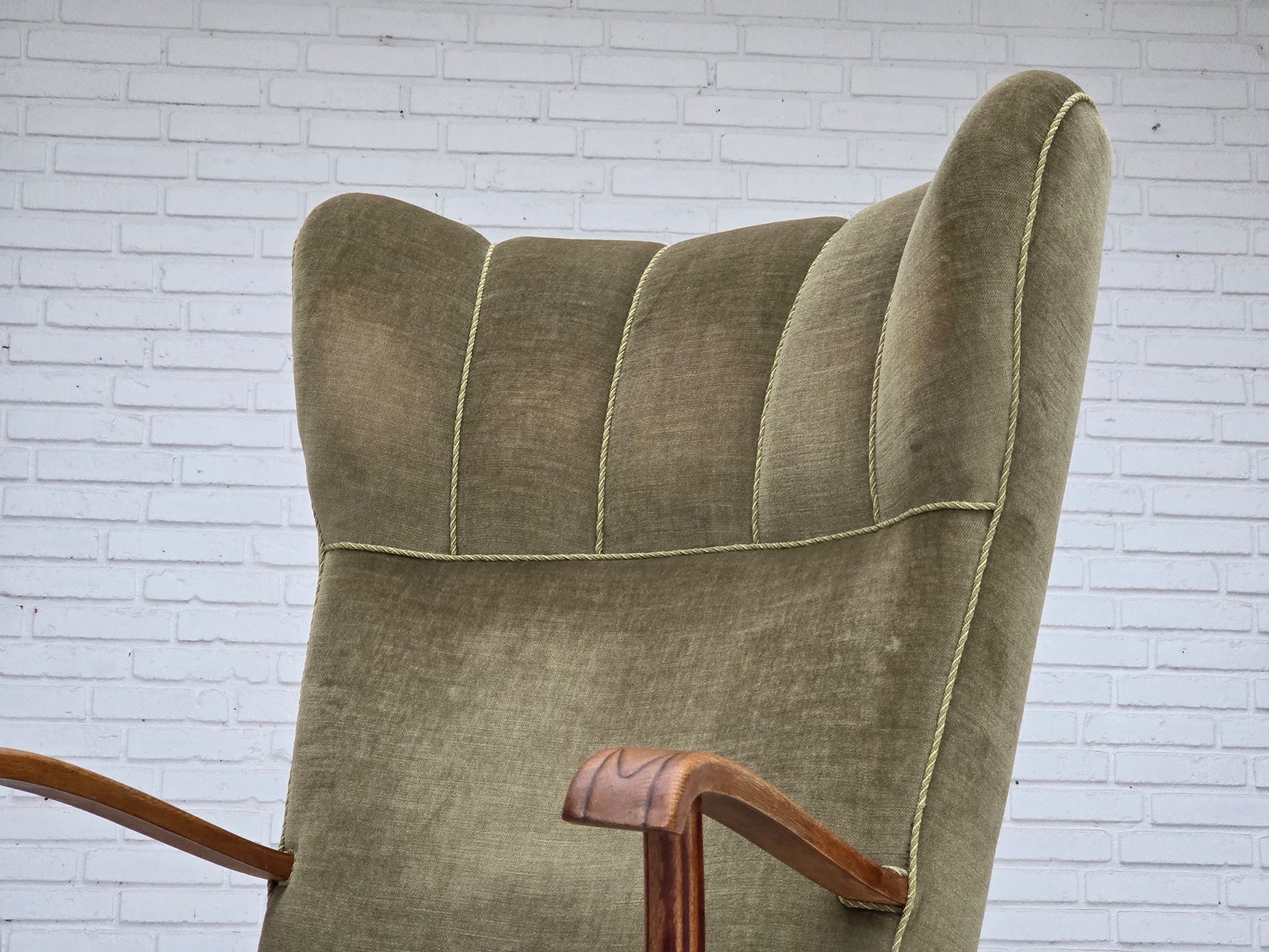 1960s, Danish highback armchair, furniture velour, oak wood.