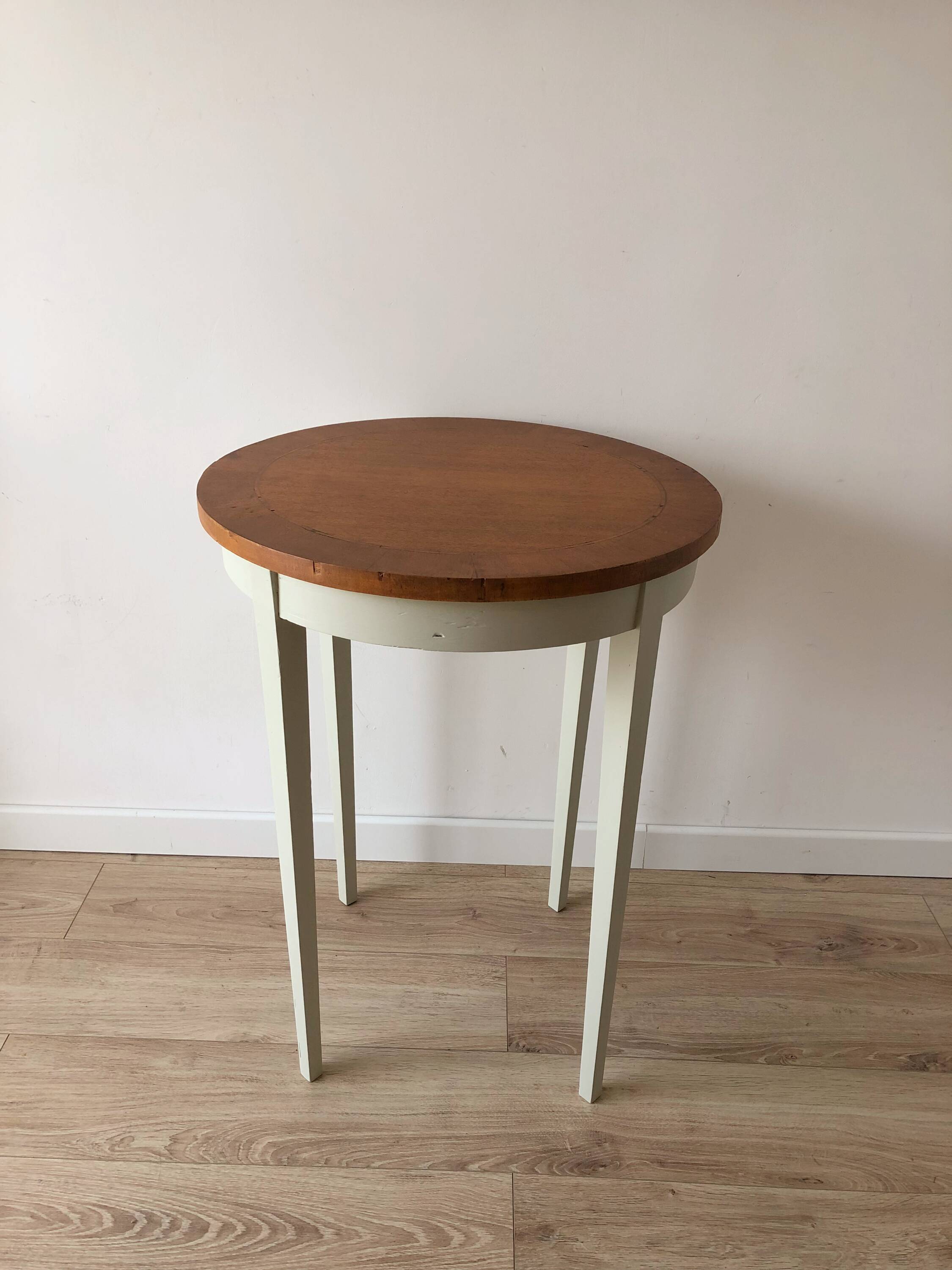 Vintage marquetry pedestal table, Opaline Green and light oak