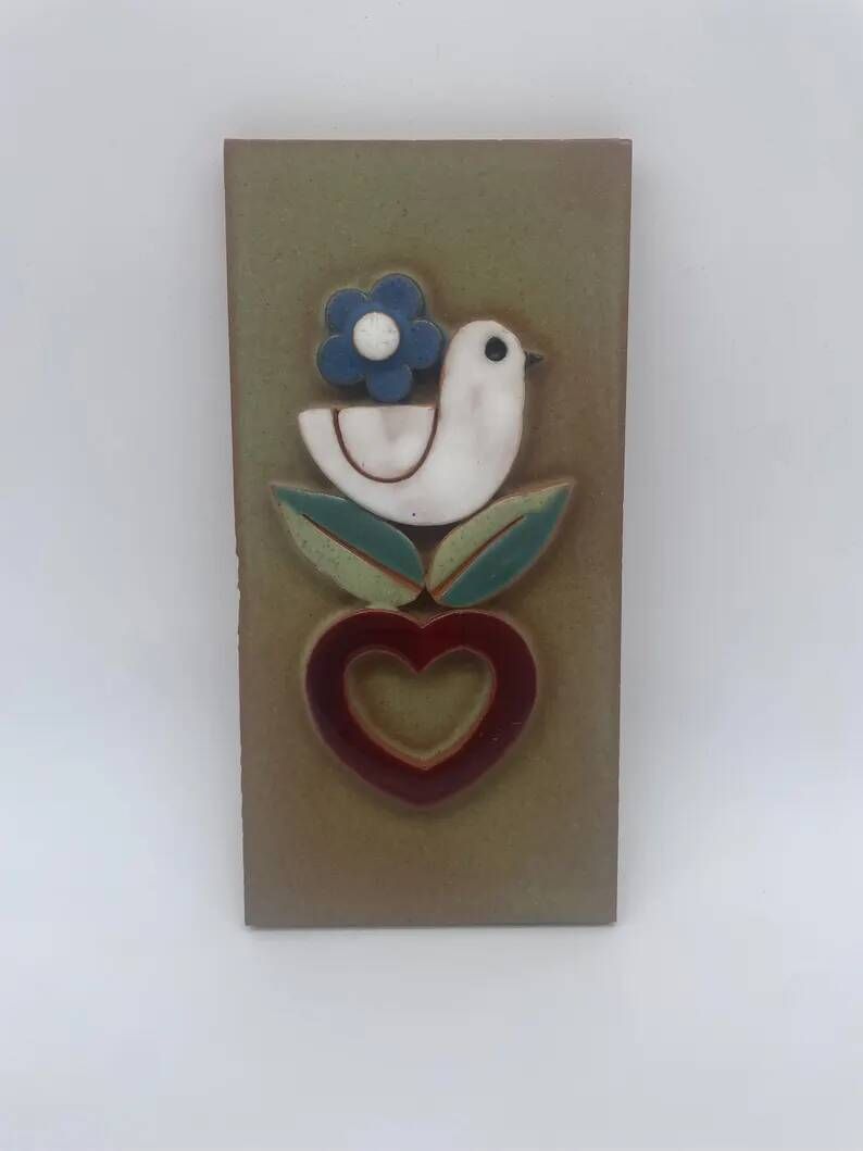 Vintage ceramic wall plaque, bird and heart, Made in Spain, Mithé Espelt style.
