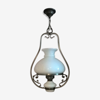 Chandelier in opaline, aged chiseled metal, 70