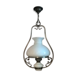 Chandelier in opaline, aged chiseled metal, 70