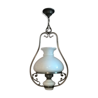 Chandelier in opaline, aged chiseled metal, 70