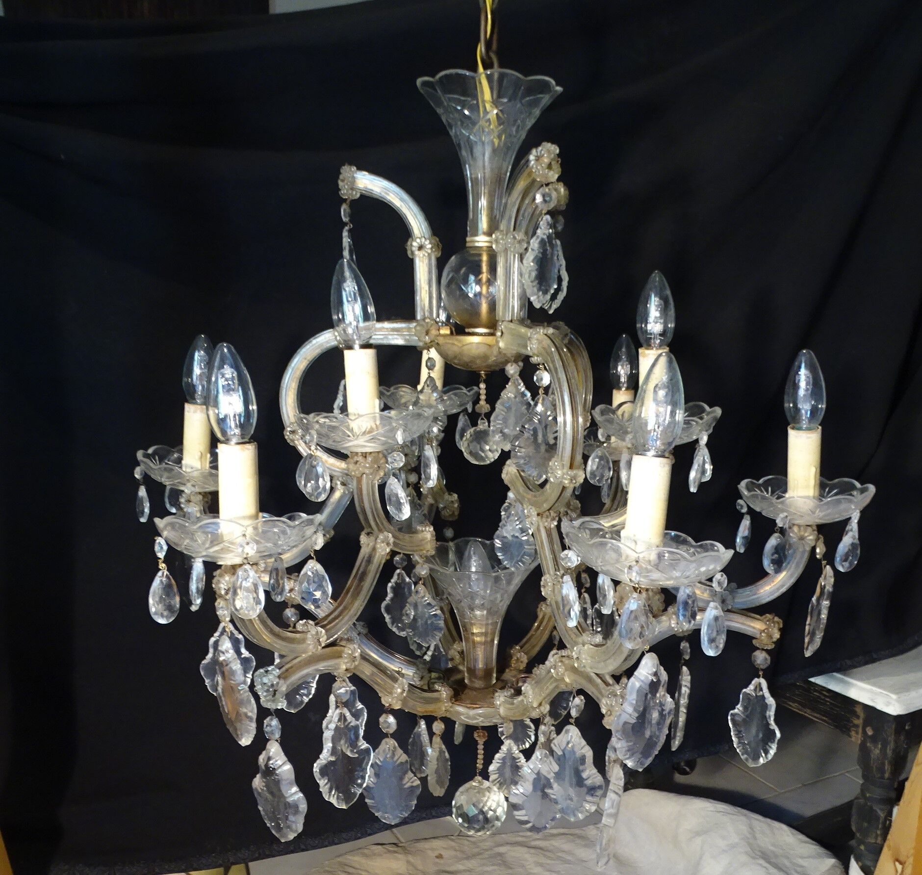 Venetian chandelier glass and crystal 9 Lights circa 1940