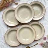 6 Deep plates in speckled beige stoneware, Tulowice style, Poland 1970
