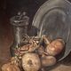 Oil painting on canvas signed J. Fleury-Bin Still Life with pewter and onions