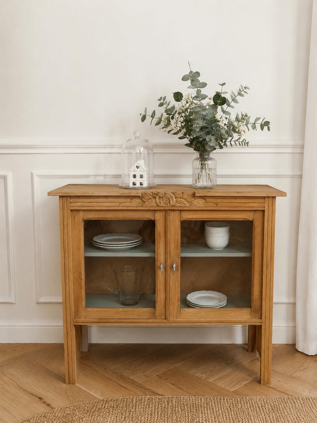 Art Deco sideboard in raw wood with a waxed finish.