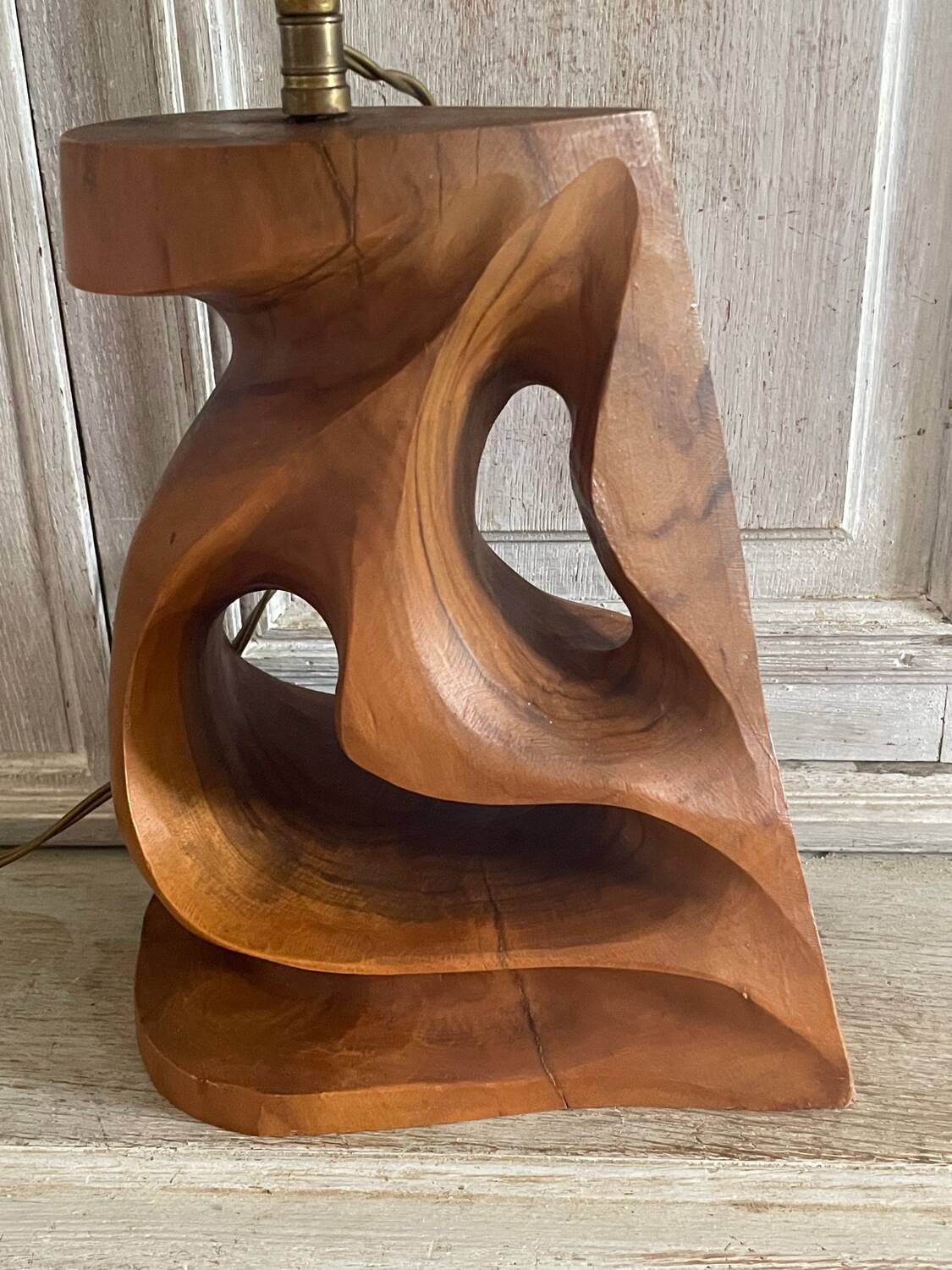Vintage olive wood carved lamp 59cm