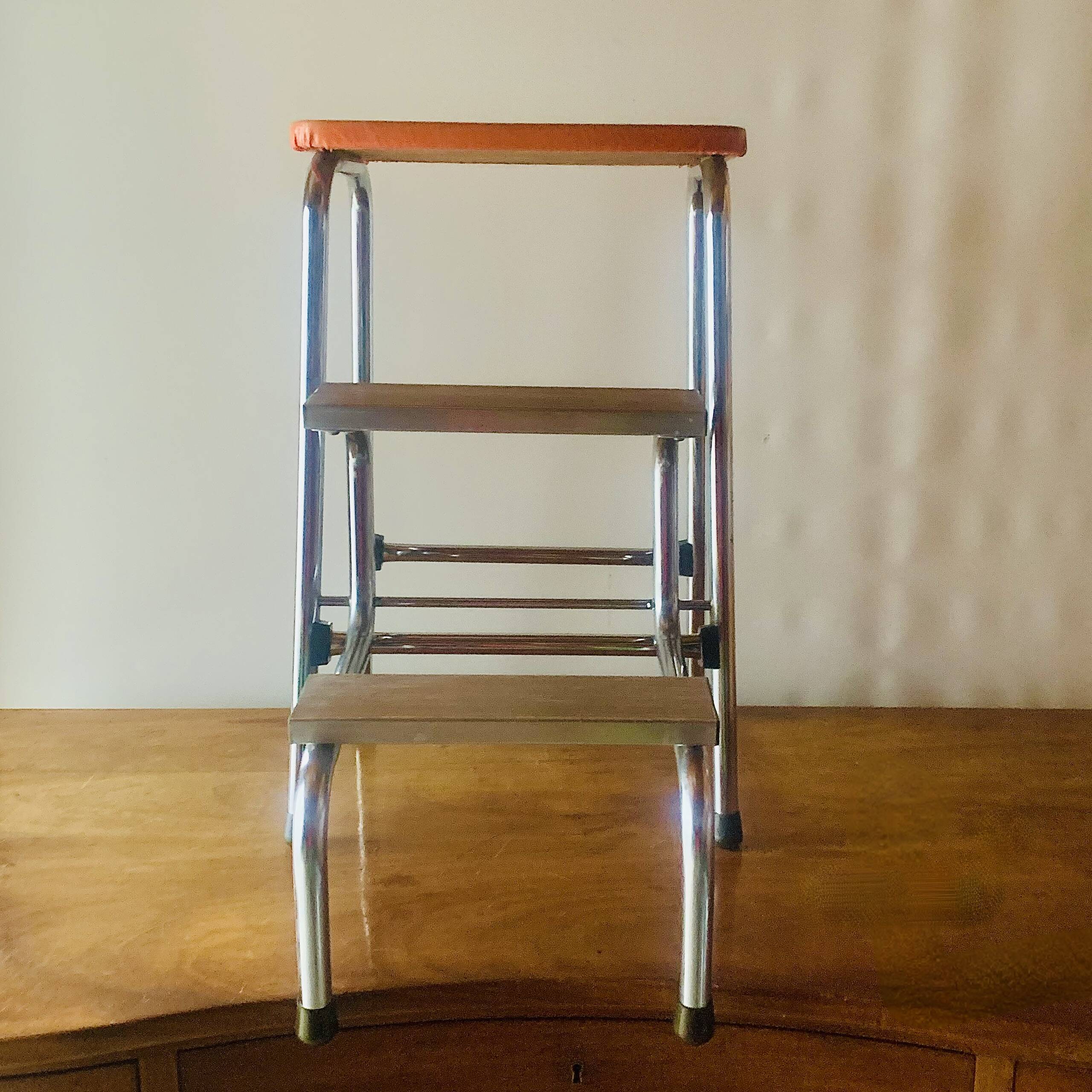Vintage Brabantia step stool in wood, Skai and chrome metal