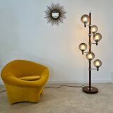 Old Scandinavian design wooden floor lamp from the 60s with 6 vintage lights
