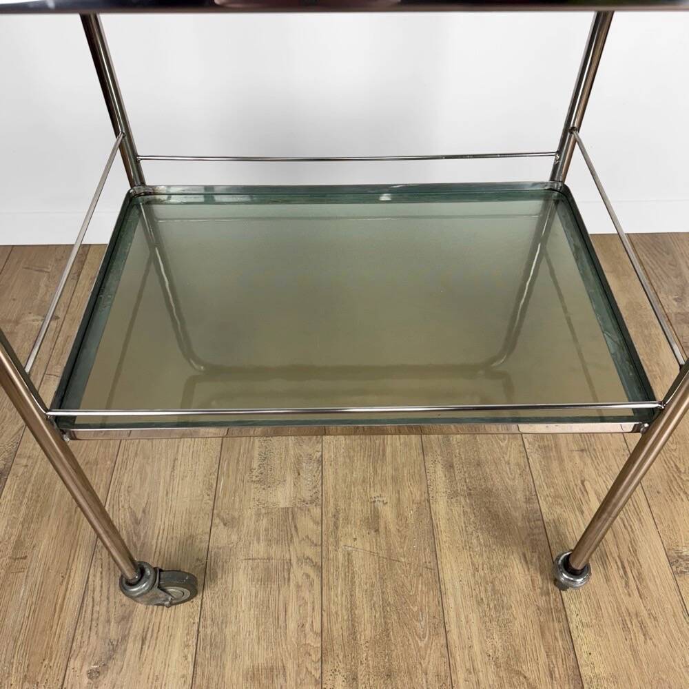 Modernist chrome and vintage frosted glass serving trolley