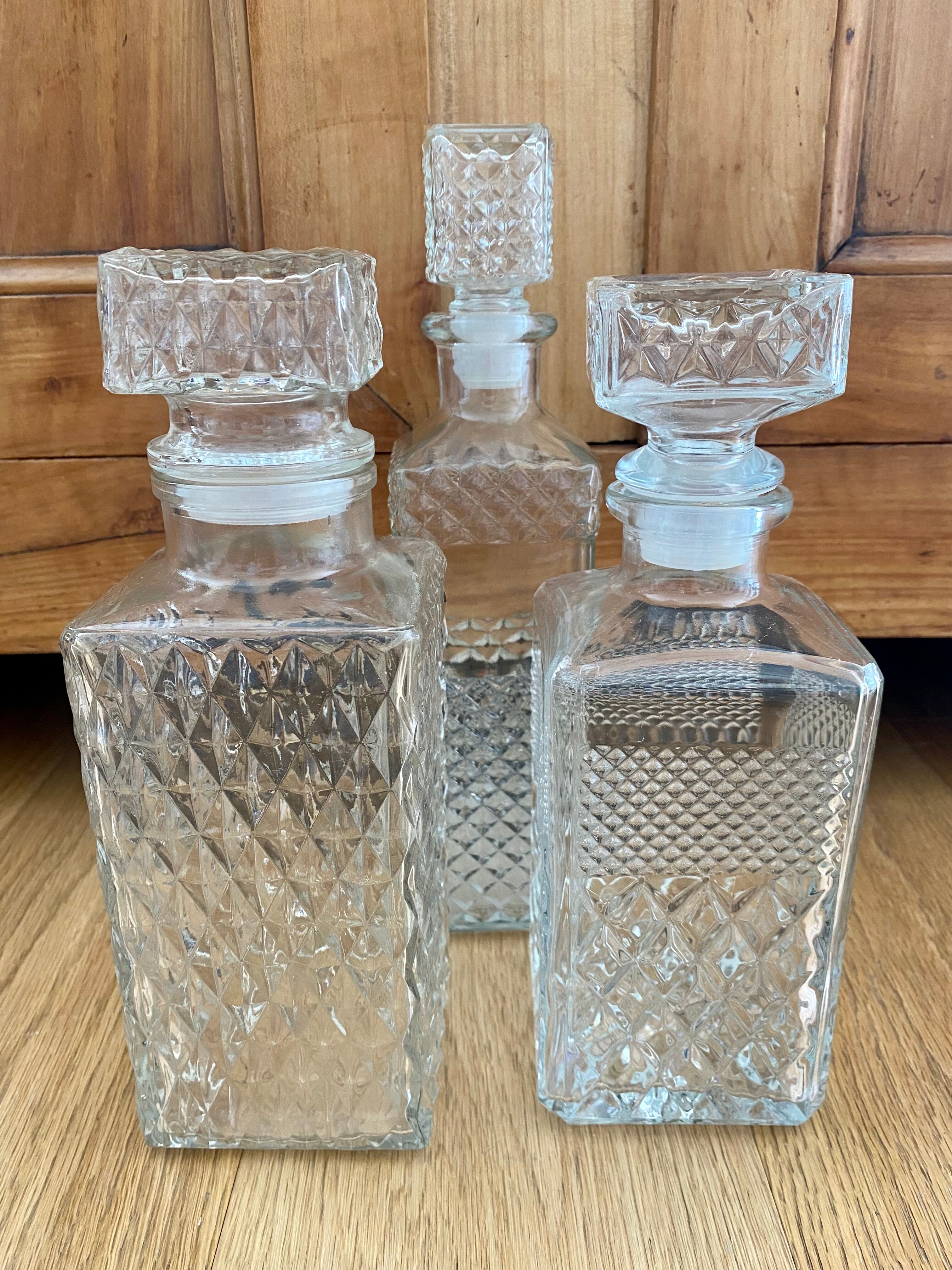 Set of 3 bottle vintage molded glass whiskey decanter