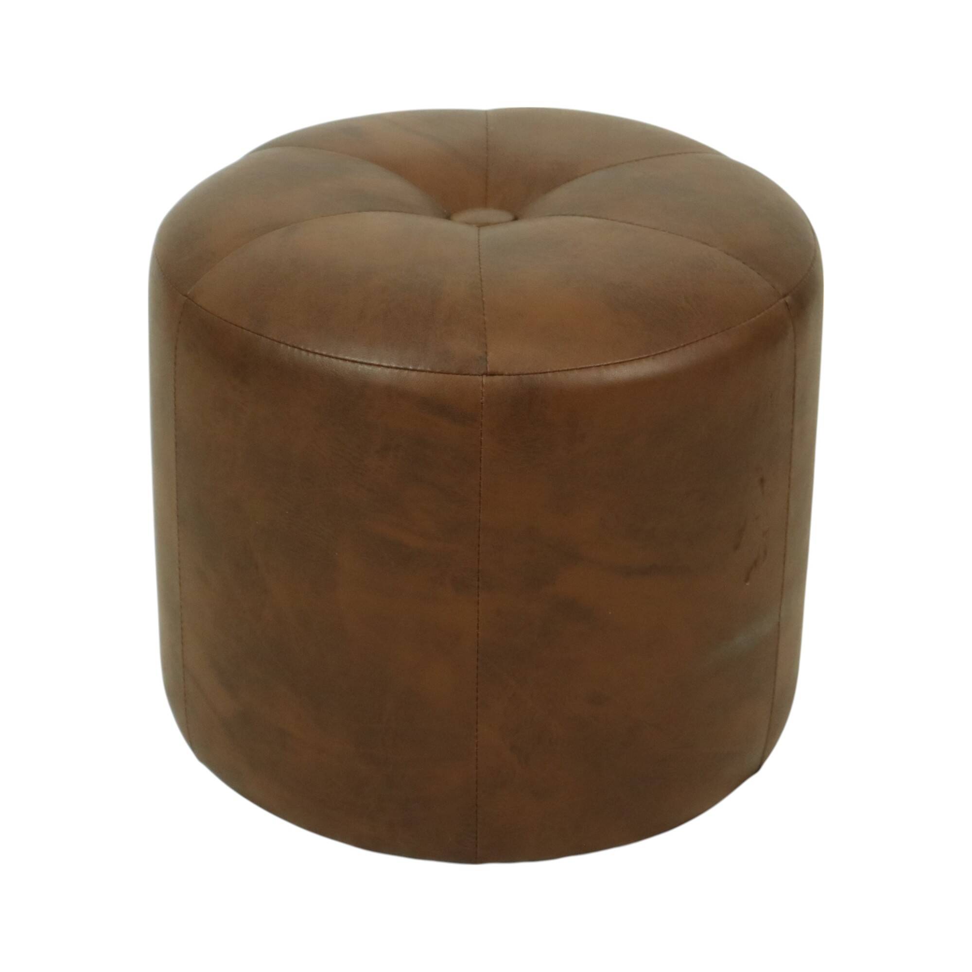 Pouf rond vintage en bois et cuir skaï marron patchwork années 60