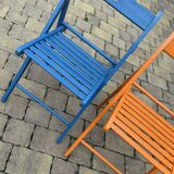 Set of vintage painted blue and orange chairs