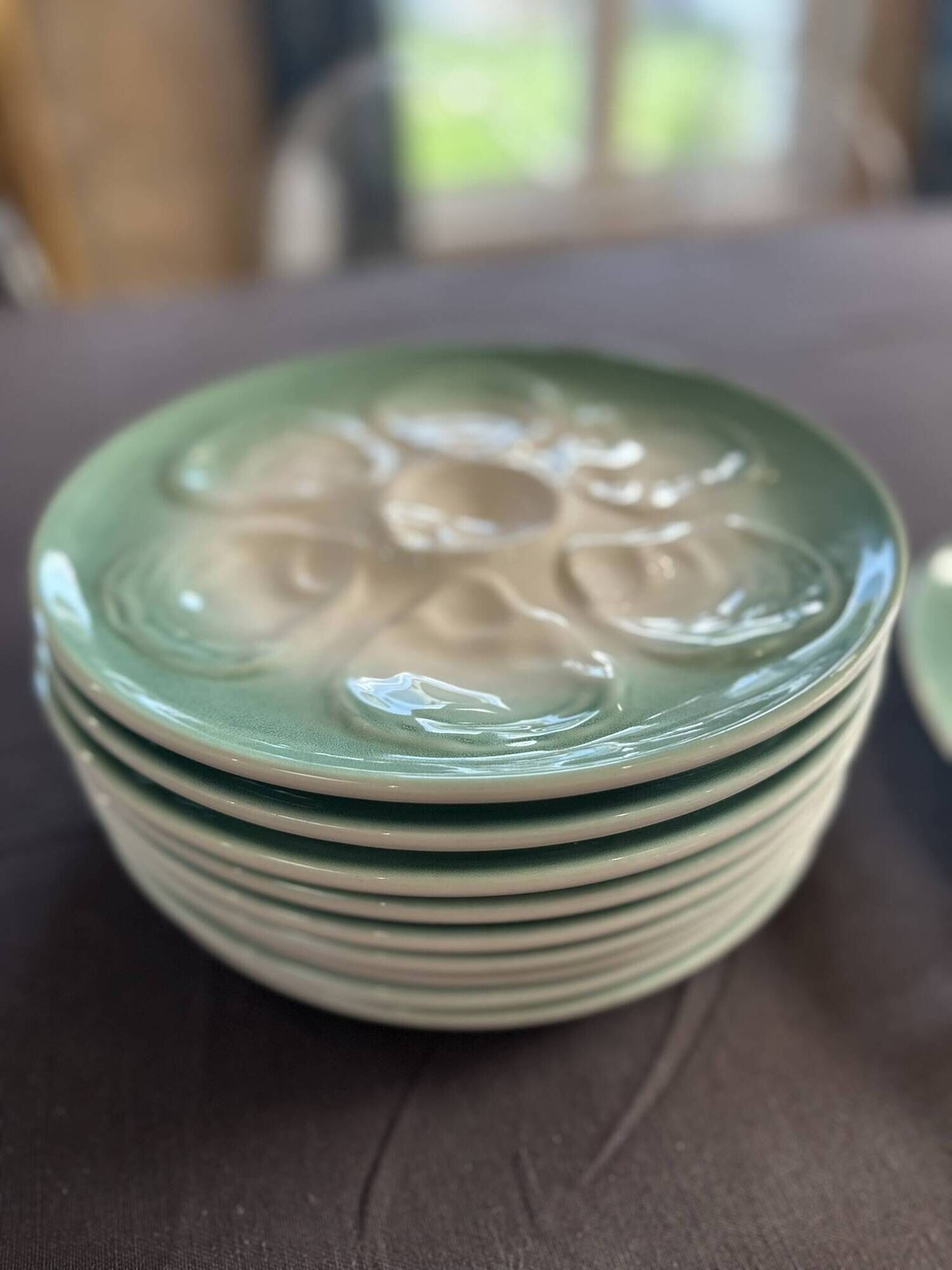 Niderviller sea-green earthenware oyster plates, set of 10 + dish