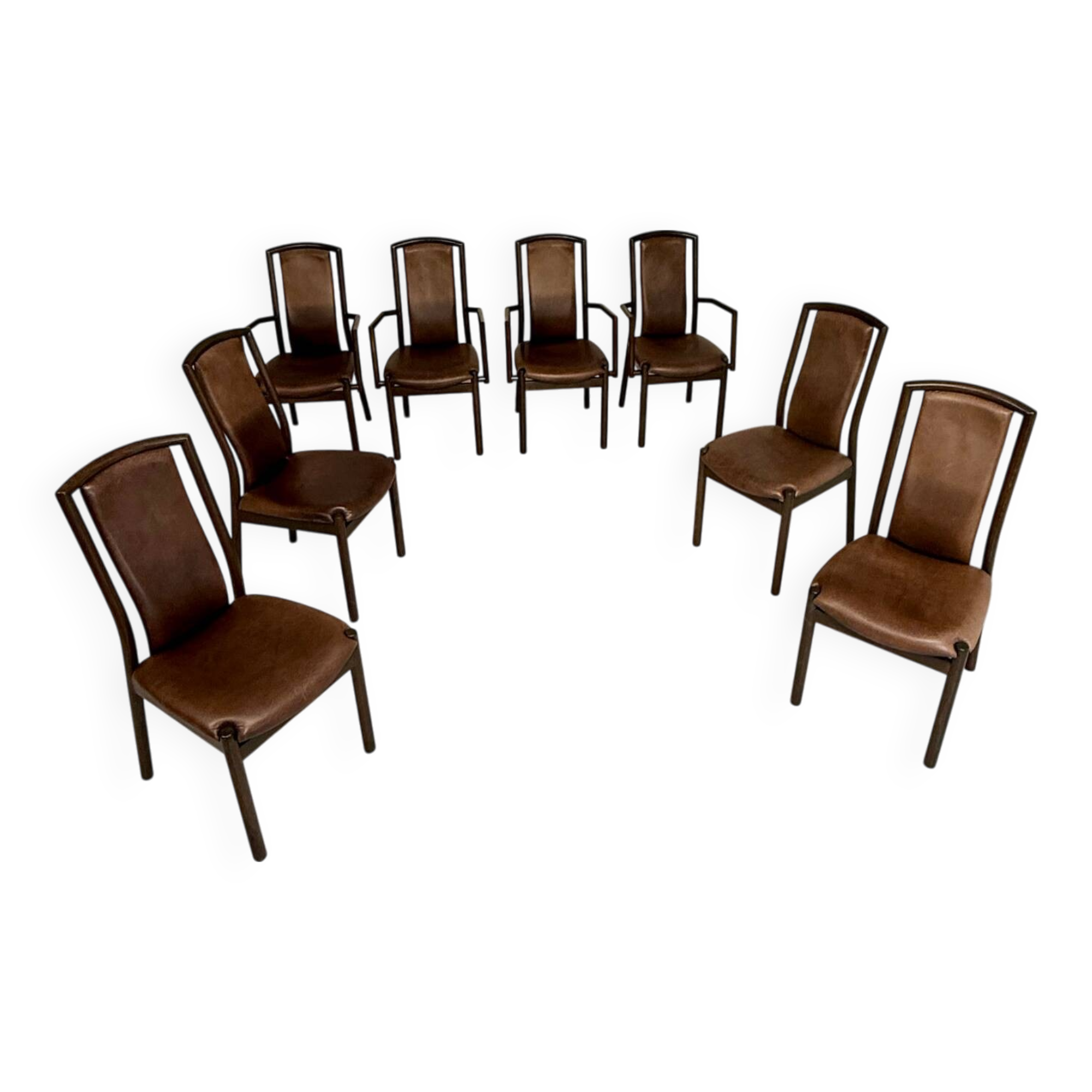 Set of 8 wooden and thick leather armchairs, Girsberger design, 80s