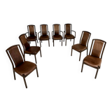 Set of 8 wooden and thick leather armchairs, Girsberger design, 80s