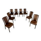 Lot de 8 chaises fauteuils en bois et cuir épais design Girsberger année 80