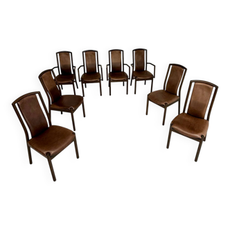 Lot de 8 chaises fauteuils en bois et cuir épais design Girsberger année 80