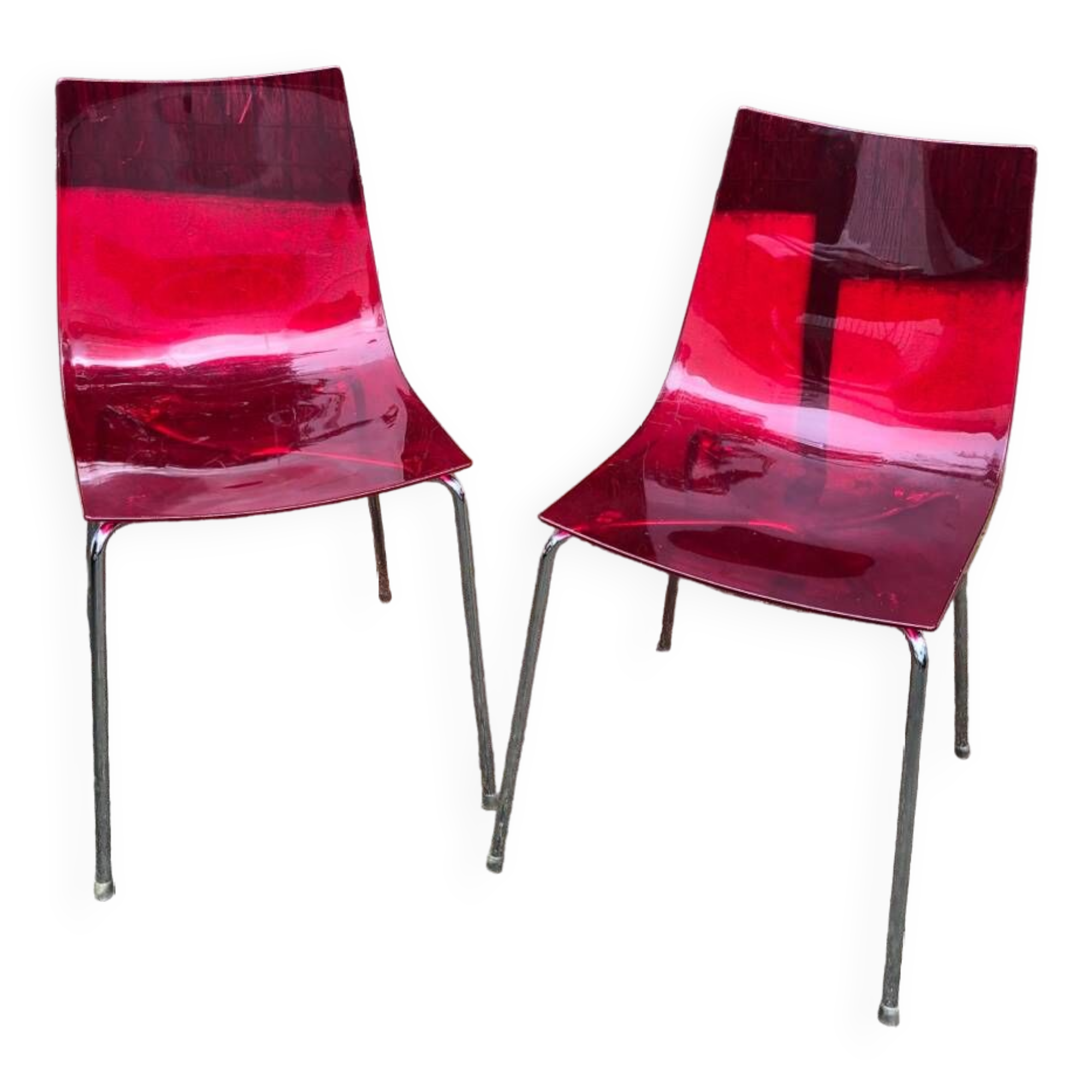 Pair of Foschia Plexiglas red designer chairs