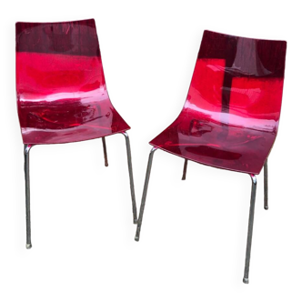 Pair of Foschia Plexiglas red designer chairs