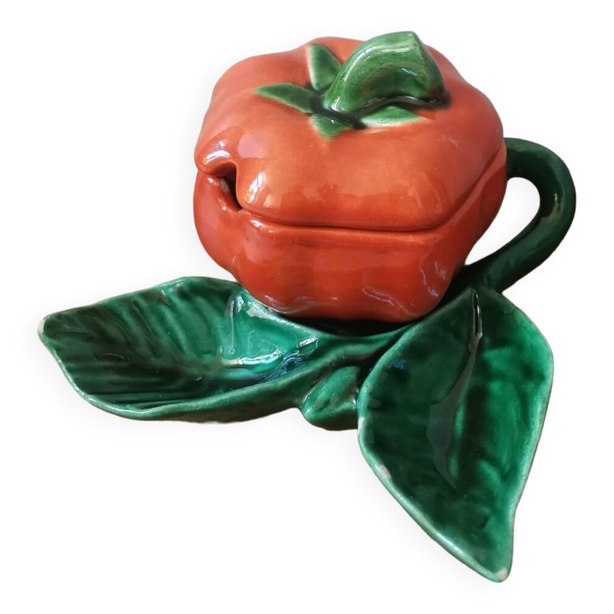 Vintage mustard box pot ceramic slip orange pumpkin shape