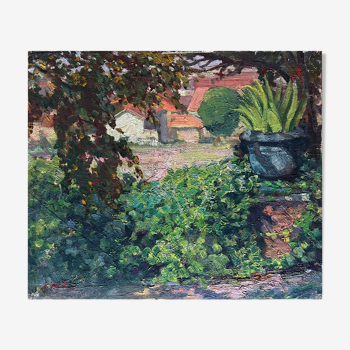 The courtyard in summer oil on isorel panel