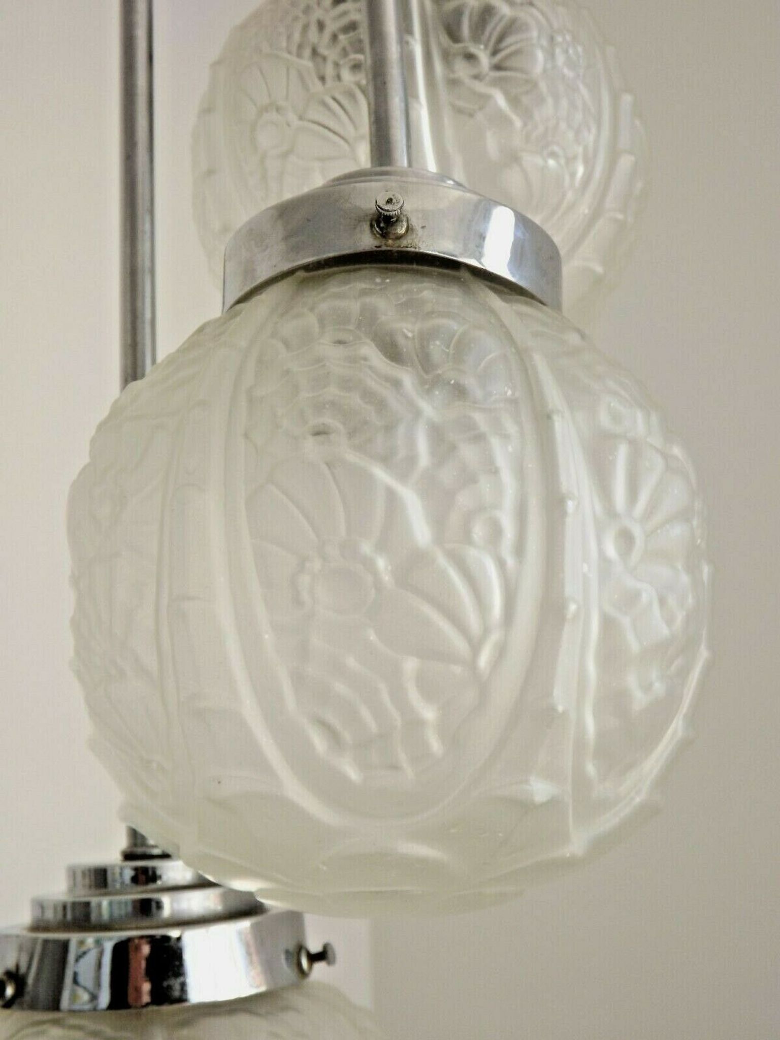 french art deco light in chrome with 3 floral opaque glass shades