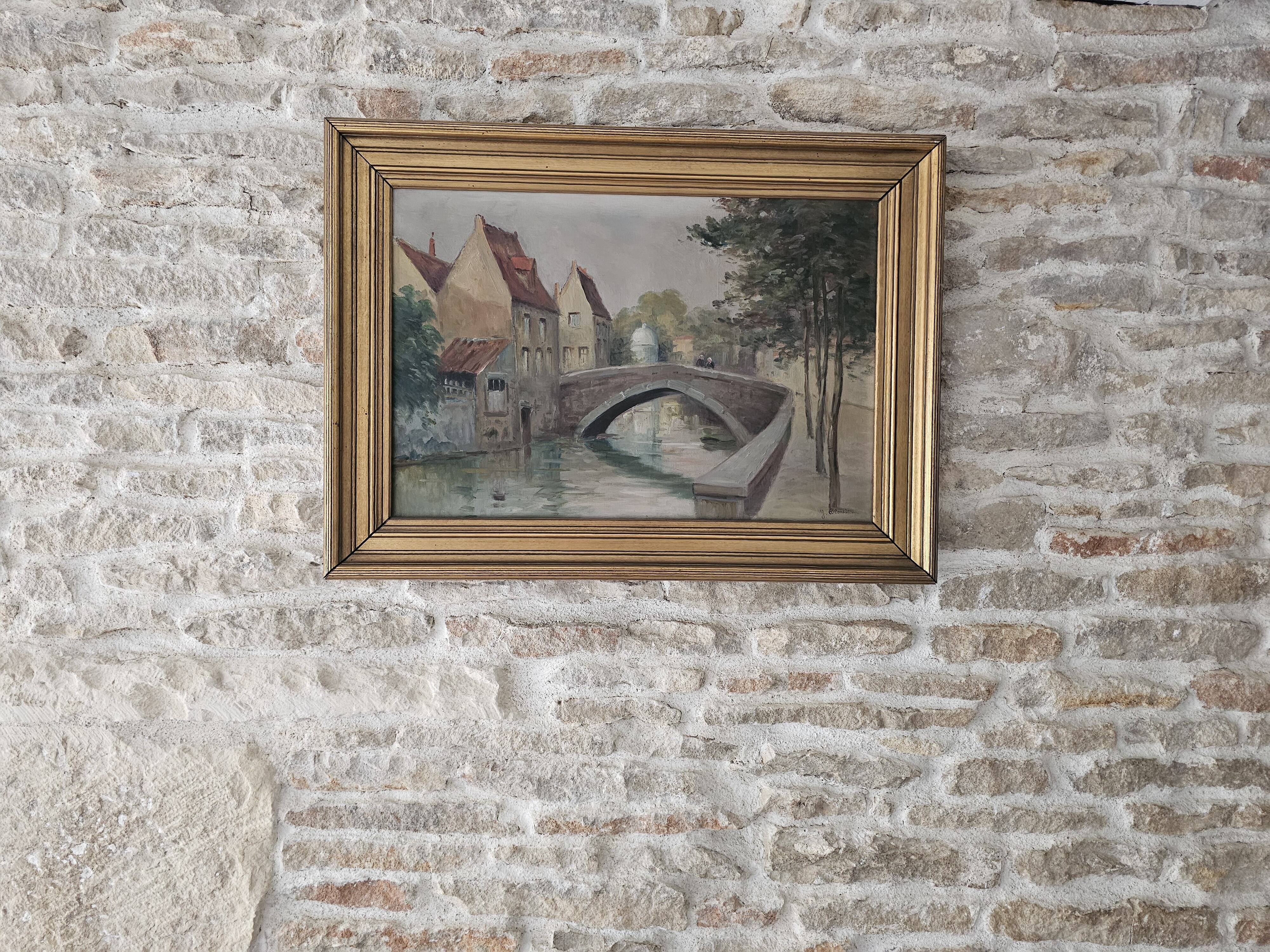 Oil on Canvas Landscape The Old Canals of Bruges - Signed Glossier