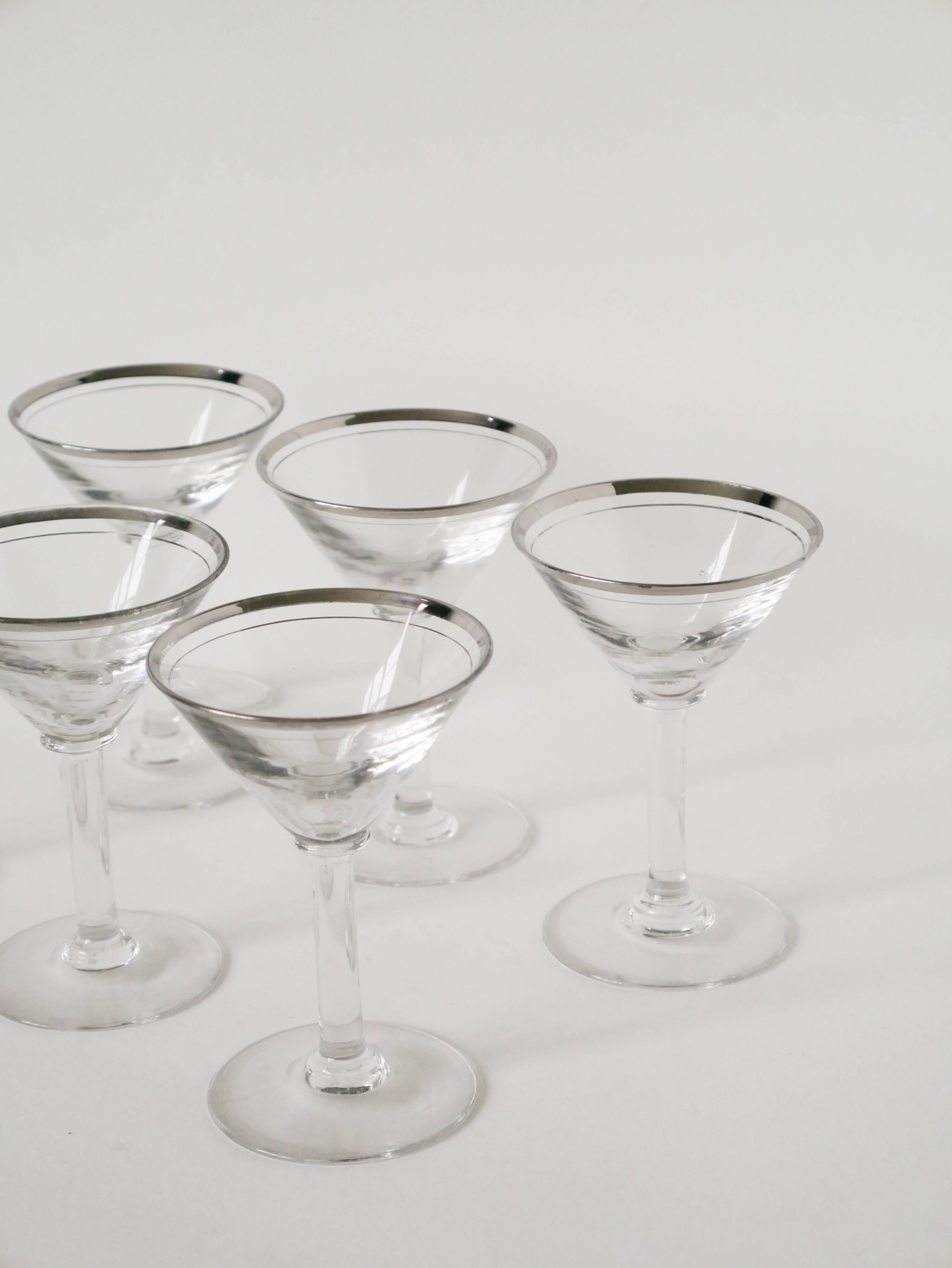 Set of 6 cocktail / martini glasses, chrome rim, Art Deco, 1930s