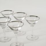 Set of 6 cocktail / martini glasses, chrome rim, Art Deco, 1930s