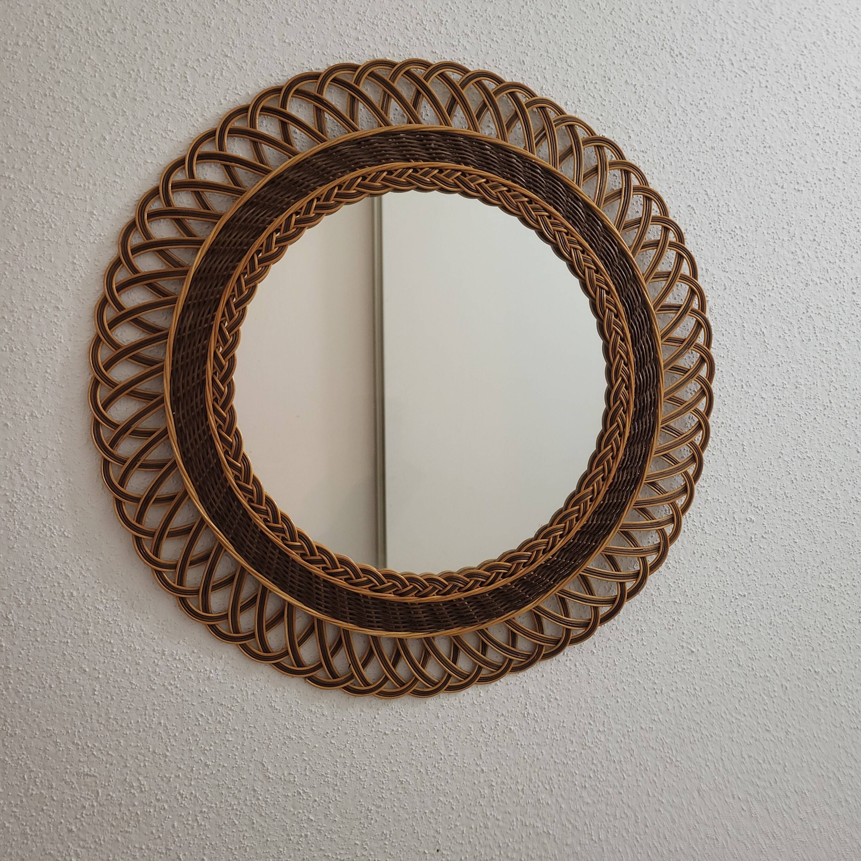 Woven rattan mirror, sunburst, vintage flower