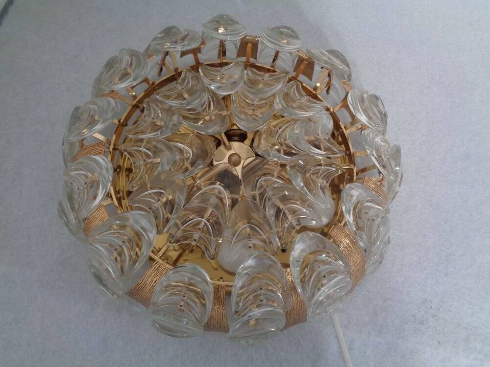 Large gilded brass and crystal glass ceiling lamp by Ernst Palme for Palwa, 1960s