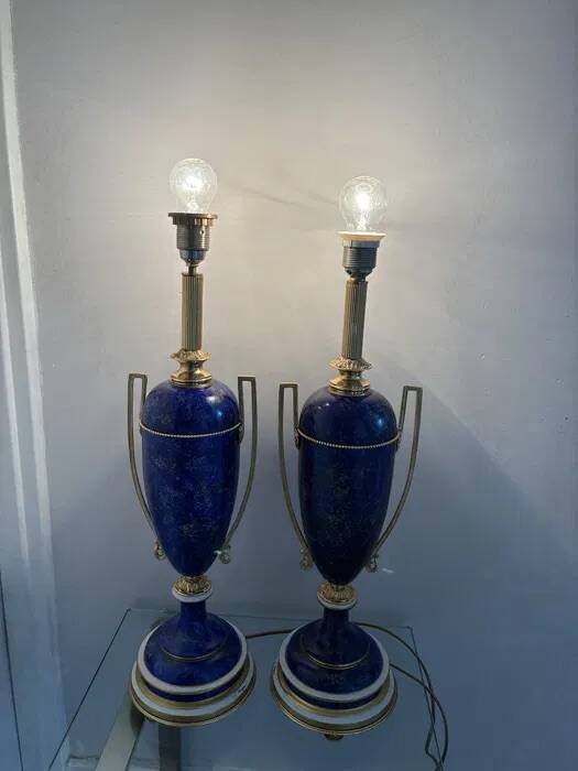 Giulia Mangani Table Lamps — Cobalt Porcelain & Brass, Pair 1990s