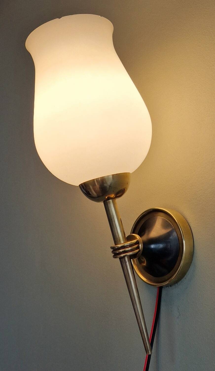 Pair of opaline and brass wall lights, 1950