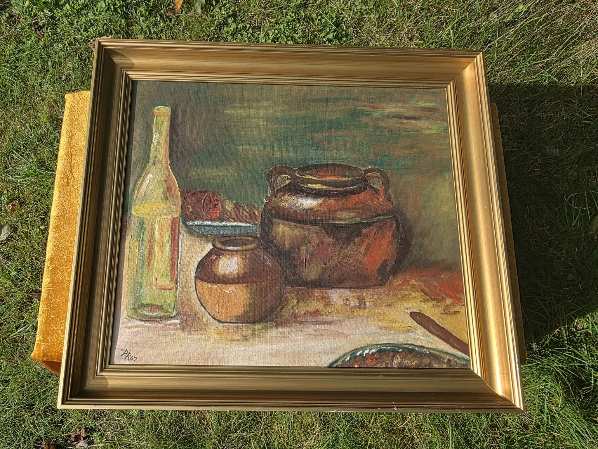 Peinture à l'huile de pot en cuivre de cuisine rustique - 1962