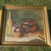 Peinture à l'huile de pot en cuivre de cuisine rustique - 1962