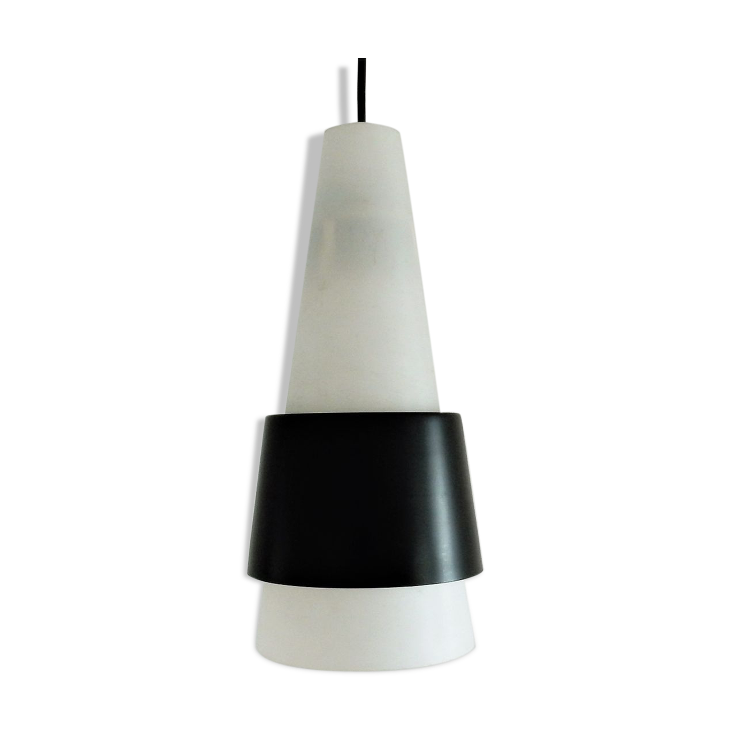 White Opalin Glass Suspension with Black Metal Ring, 1960s