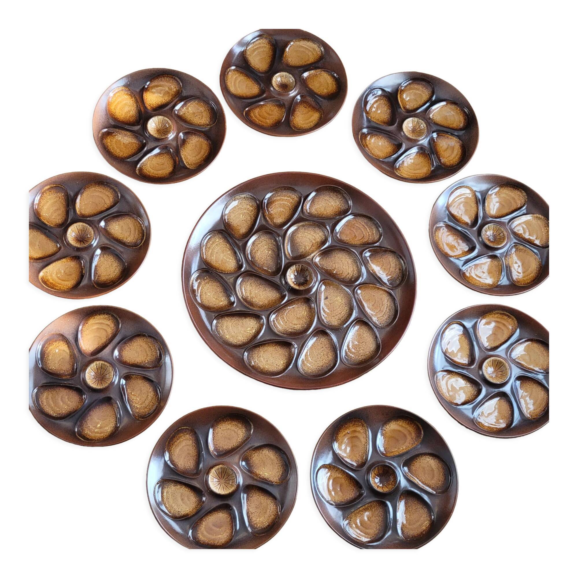 Vintage oyster service Salins earthenware France 9 plates and dish