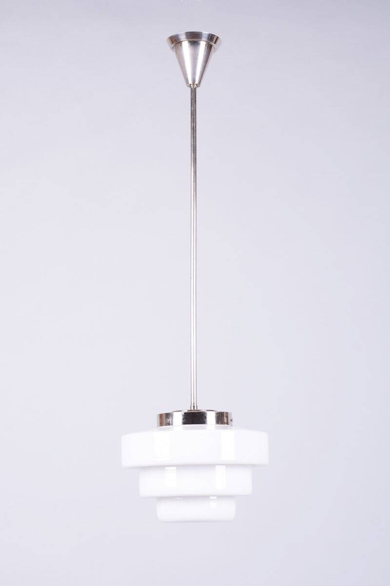 Art Deco Chandelier in Chrome-Plated Steel and Opaline Glass, Czech, 1920s