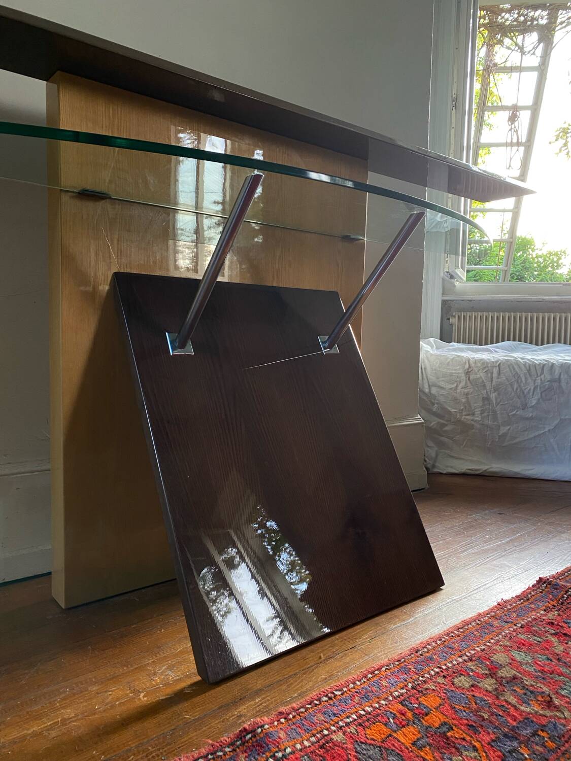 Vintage 80s Italian Saporiti glass and wood console/table.