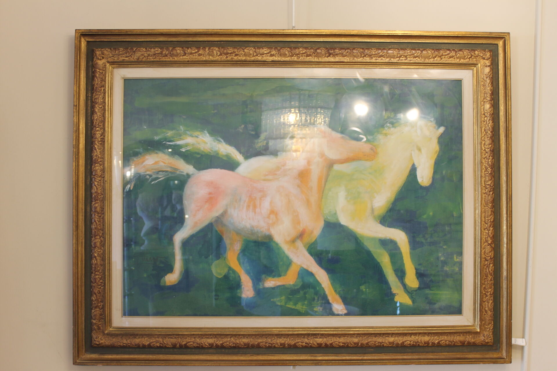 Framed painting representing horses, signed, XX th