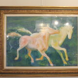 Framed painting representing horses, signed, XX th