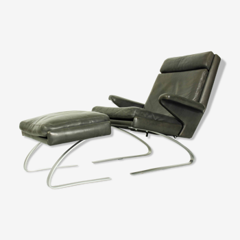 fauteuil avec pouf assorti en cuir avec cadre en acier, Allemagne années 1970