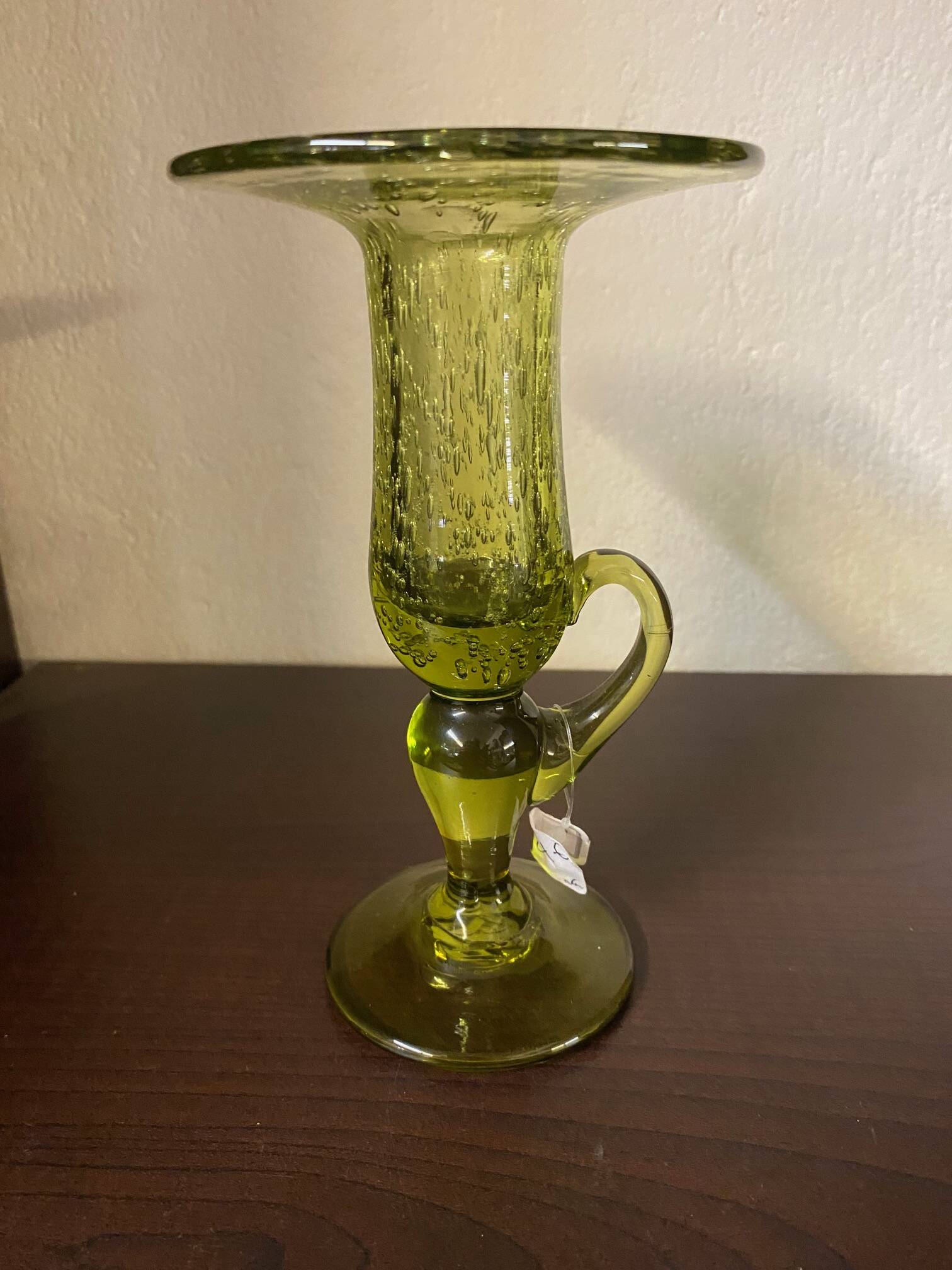 Biot candle holder in blown glass with anise green bubbles and handle