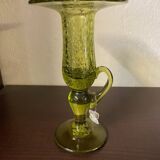 Bougeoir Biot en verre souffle a bulles tons vert anis avec anse