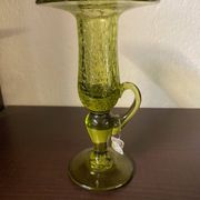 Biot candle holder in blown glass with anise green bubbles and handle
