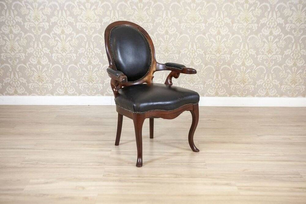 Late 19th Century Mahogany Armchair in Black Leather, 1890s